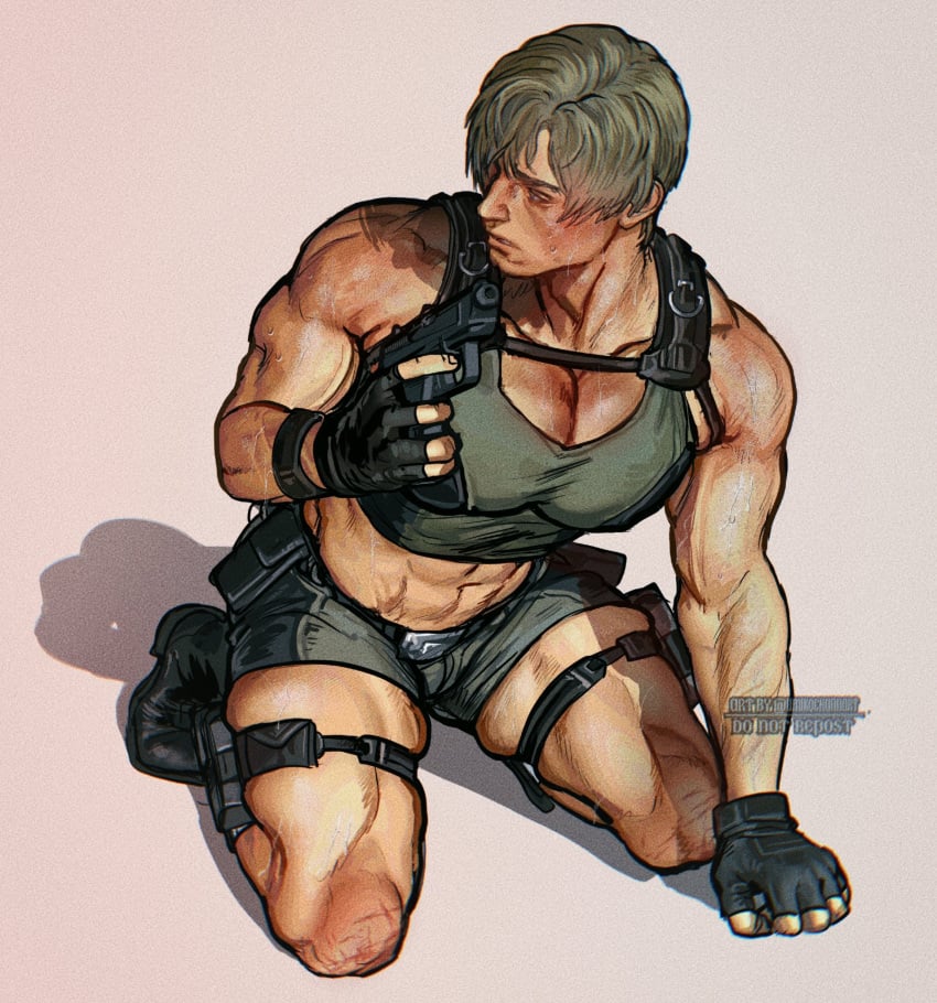 1boy abs blush breasts cosplay cosplay_lara_croft crop_top lara_croft_(cosplay) leg_strap leon_scott_kennedy male_breasts male_only muscular muscular_male resident_evil short_hair shorts sitting_down sitting_on_floor sweating thick_thighs umikochannart