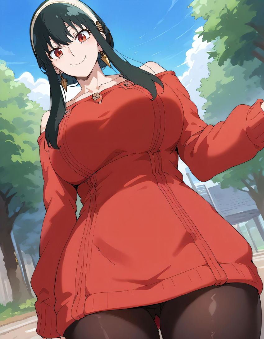 ai_generated big_breasts black_hair breasts earrings female hairband large_breasts long_hair milf mommy mother red_eyes spy_x_family sweater very_long_hair yor_briar zenzen
