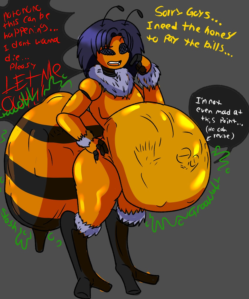 bee bee_boy big_ass big_belly blue_eyes blue_hair bubble_butt digesting_prey digestion digestion_noises digestive_fluids scream screaming vore yellow_body