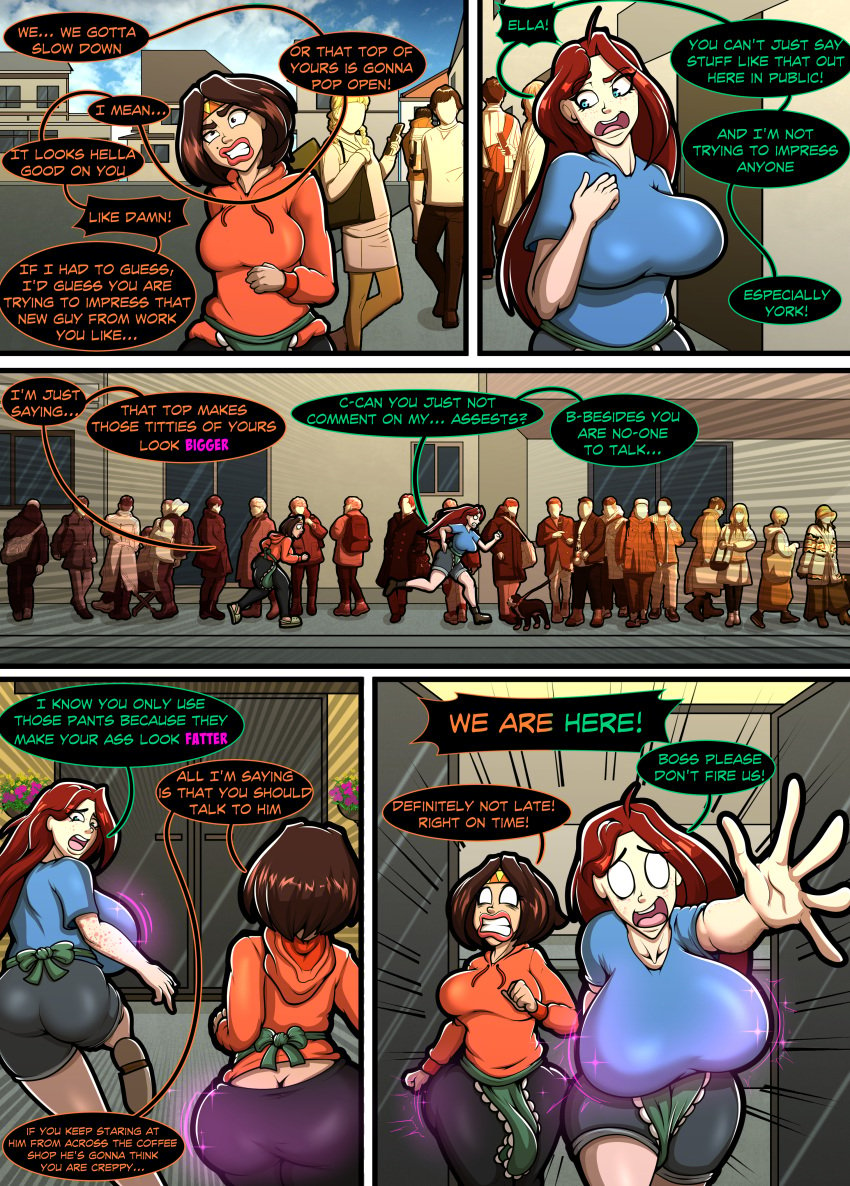 ass_expansion big_ass big_breasts big_lips bimbo bimbofication blue_eyes breast_expansion brown_eyes brown_hair comic comic_page ella_(lenvjax) english_text expansion freckles green jacket lipstick naomi_(lenvjax) orange red_hair sweater text vsoulworks