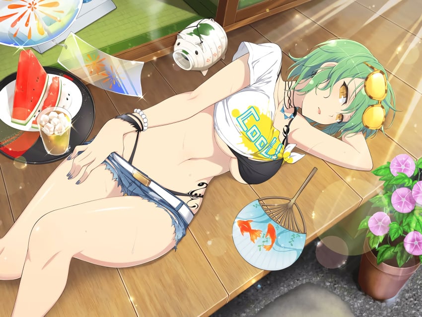 denim denim_shorts detailed_background green_hair hikage_(senran_kagura) looking_at_viewer looking_up lying lying_down lying_on_back midriff senran_kagura senran_kagura_(series) shirt shirt_up sunglasses sunglasses_on_head sunlight sweat tattoo thick_thighs thighs thong underboob yaegashi_nan yellow_eyes