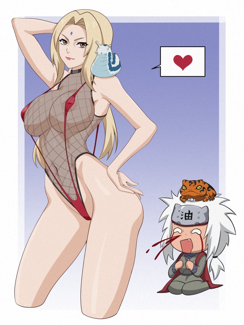 1boy 1girls 2animals arm_behind_head being_watched blonde_hair blood chibi chibi_inset child_bearing_hips cropped_legs curvaceous female fishnet_leotard fishnets frog hand_on_hip heart hi_res huge_breasts human jiraiya kneeling leotard looking_at_partner looking_at_viewer makeup male mandytsune mature mature_female mature_woman milf naruto naruto_(classic) naruto_(series) naruto_shippuden nipples nipples_visible_through_clothing nosebleed one_arm_up pervert pinup pose posing revealing_clothes seducing seductive_pose see-through see-through_clothing seiza sling_bikini slingshot_swimsuit slug spoken_heart standing tsunade visible_nipples voluptuous watching watermark white_hair wide_hips