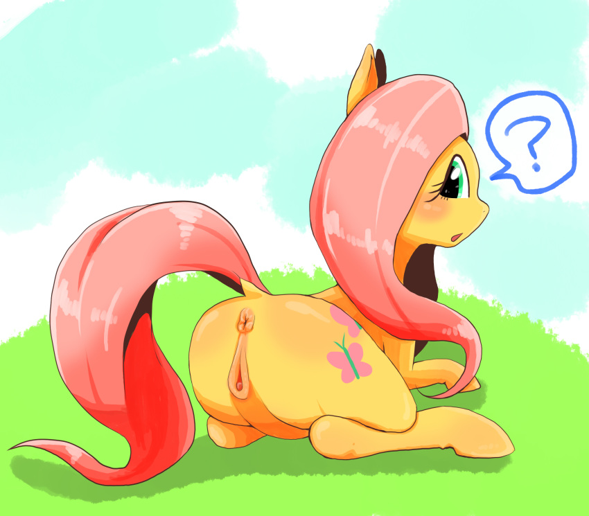 ? animal_genitalia animal_pussy anus blush clitoris cloud cutie_mark equine equine_pussy female feral fluttershy_(mlp) friendship_is_magic fur hair hooves horse kiriya long_hair looking_at_viewer looking_back mammal my_little_pony open_mouth outside pony pussy raised_tail rear_view sky solo surprise teal_eyes