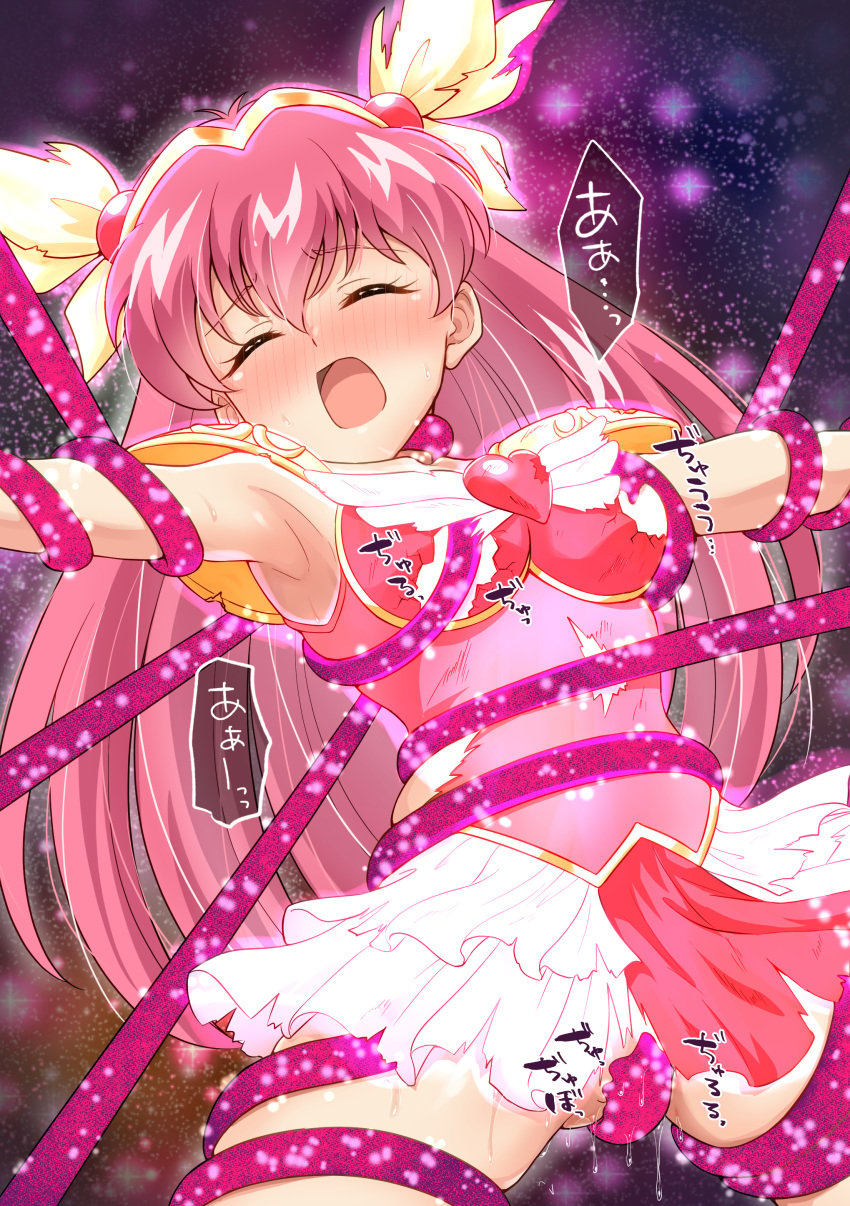 absurdres ai_tenshi_densetsu_wedding_peach armor armpits blush bow breast_sucking broken_armor brooch closed_eyes cowboy_shot dot_nose energy_drain female hairbow hanasaki_momoko heart heart_brooch highres jewelry koju511 legs_apart light_particles long_hair magical_girl no_panties open_mouth outstretched_arms pink_hair pink_theme raised_eyebrows restrained skirt solo spread_arms tentacle torn_clothes wedding_peach white_skirt yellow_bow