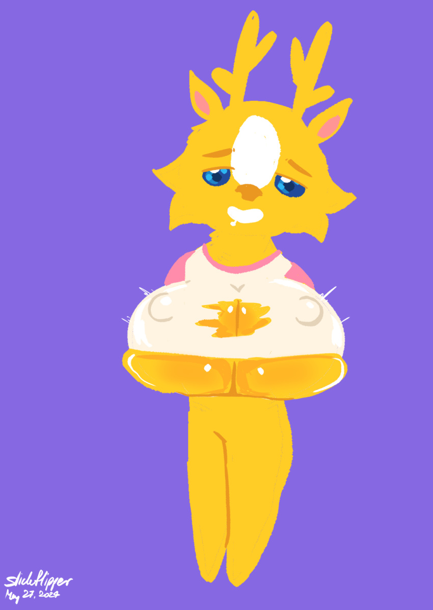 big_breasts breast_expansion breasts_bigger_than_head breasts_out deer deer_ears furry furry_breasts nipple_bulge ripped_clothing ripped_clothing slickflipper yellow_body yellow_fur