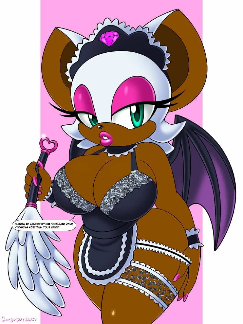 2024 anthro aqua_eyes bat_wings big_breasts big_thighs bimbo breasts curvy_female edit edited english_text huge_breasts large_breasts large_thighs looking_at_viewer maid maid_apron maid_headdress maid_outfit maid_uniform omegasunburst pink_lips pink_lipstick revealing_clothes rouge_the_bat sega skimpy solo sonic_(series) sonic_the_hedgehog_(series) text thick_lips thick_thighs two_tone_background video_game video_game_character video_games