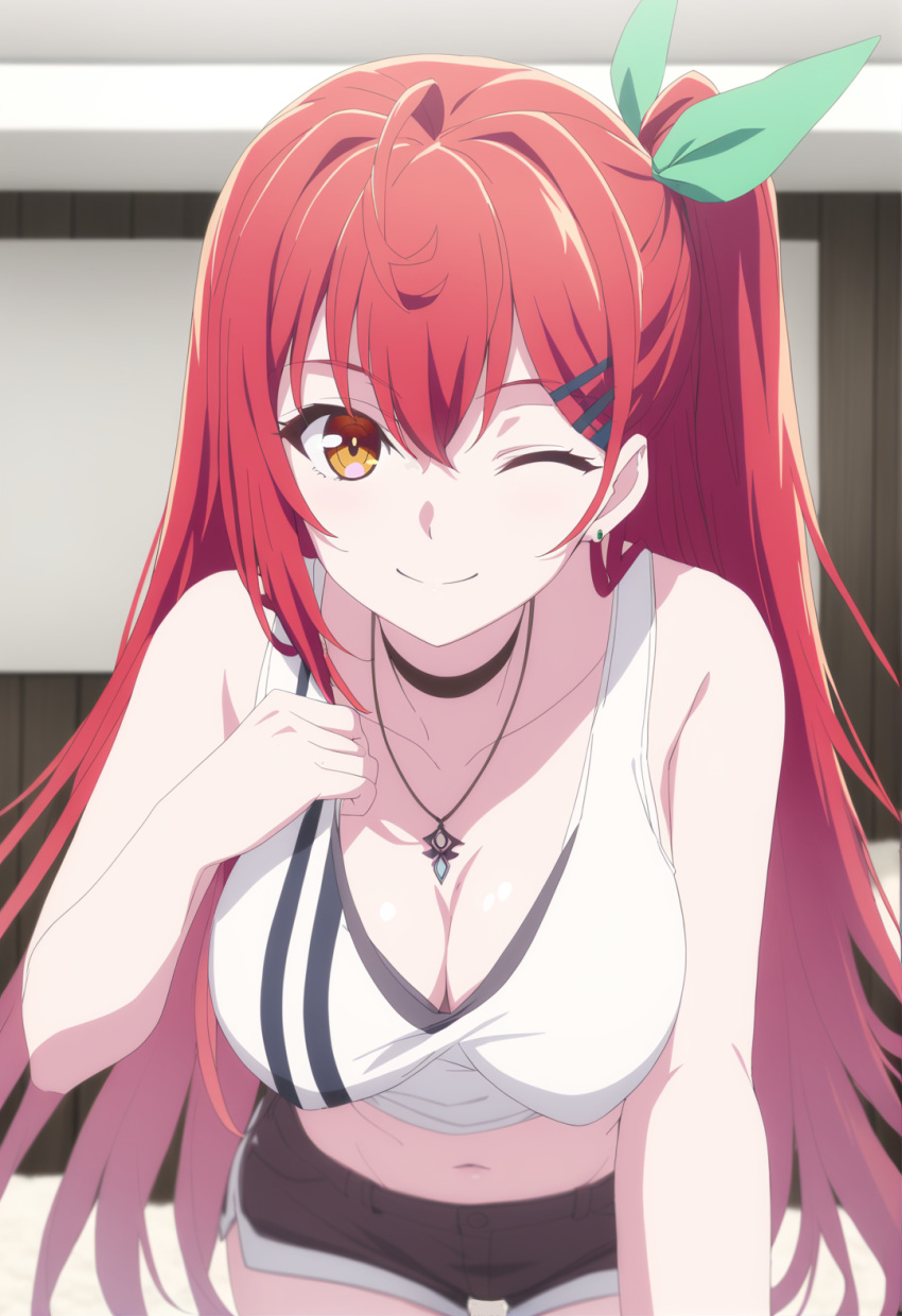 1female 1girls ai_generated bangs breasts commentary_request english_commentary female female_focus female_only hi_res highres kami_wa_game_ni_ueteiru leoleshea light-skinned_female light_skin long_hair looking_at_viewer red_hair red_hair_female smile smiling smiling_at_viewer solo solo_female solo_focus very_high_resolution wink winking_at_viewer