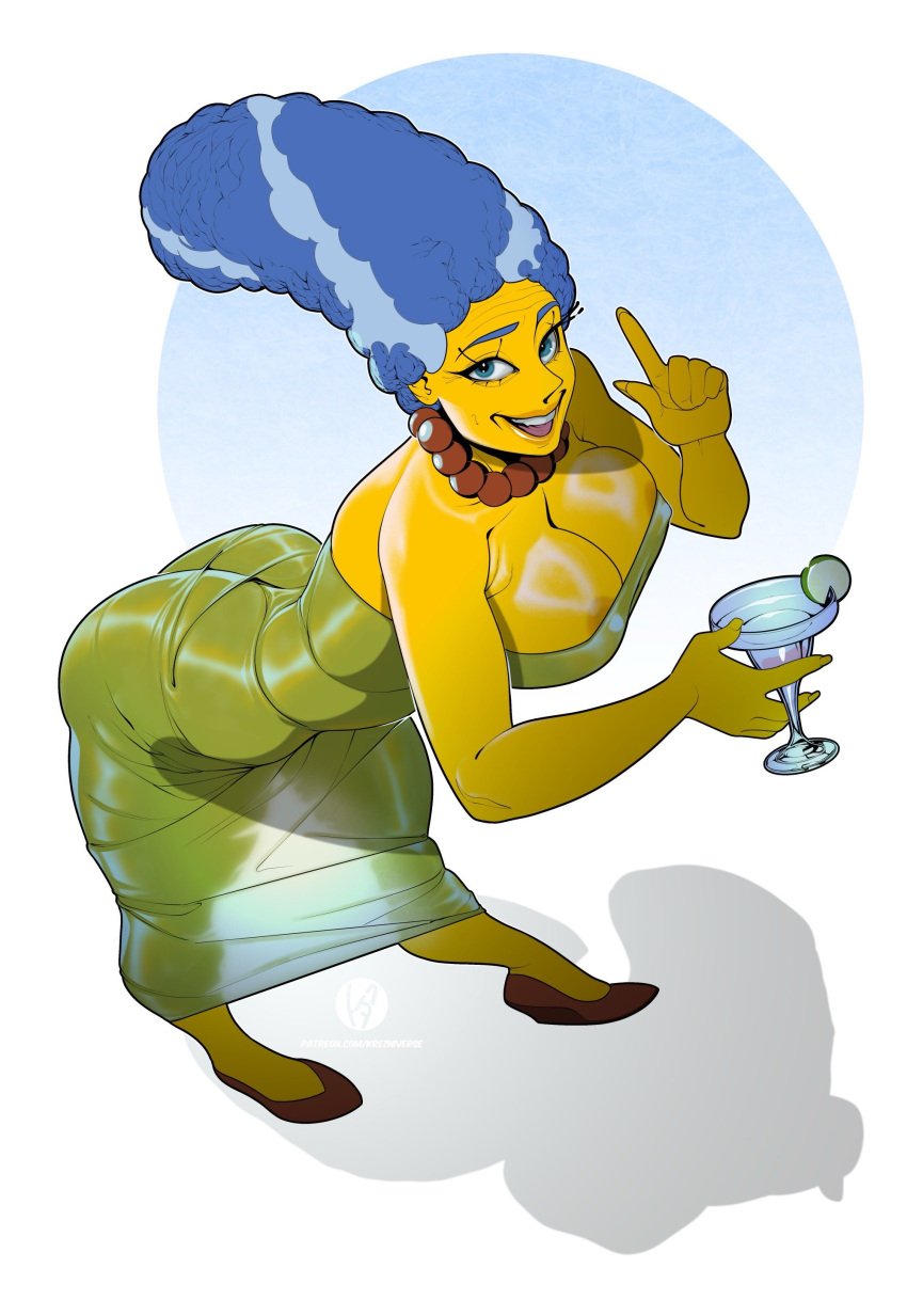 areola_slip areolae blue_background cleavage dress drink feet female grey_hair krezniverse marge_simpson mature_female milf the_simpsons thick_thighs translucent_clothing white_background yellow_body