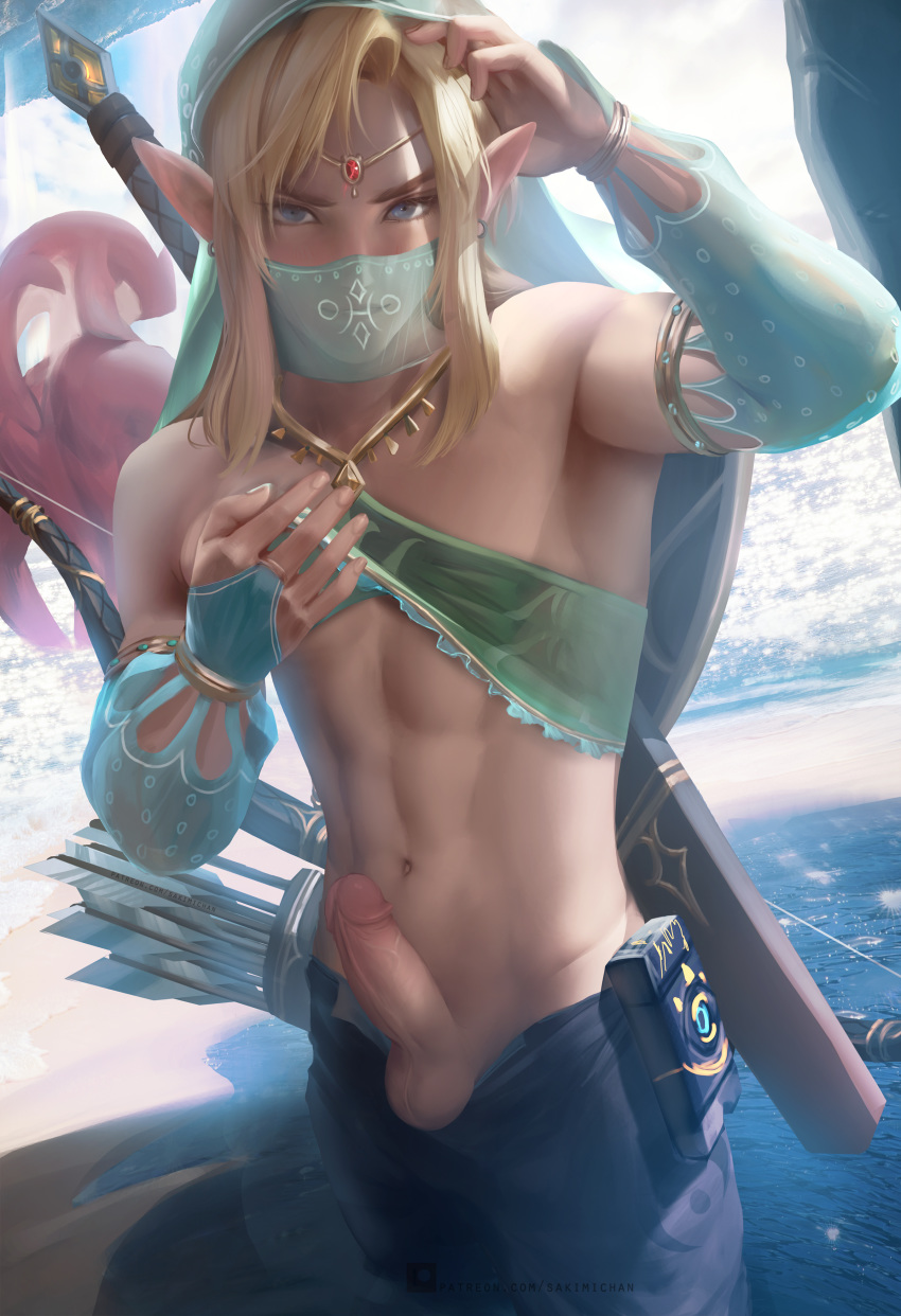 2boys abs absurdres androgynous blonde_hair blue_eyes breath_of_the_wild bridal_gauntlets circlet cute_male erection femboy gerudo_link gerudo_sirwal gerudo_top gerudo_veil girly highres hourglass_figure hylian link link_(breath_of_the_wild) looking_at_viewer male male_only penis pointy_ears sakimichan sheikah_slate sidon sidon_(zelda) the_legend_of_zelda trap uncensored zora