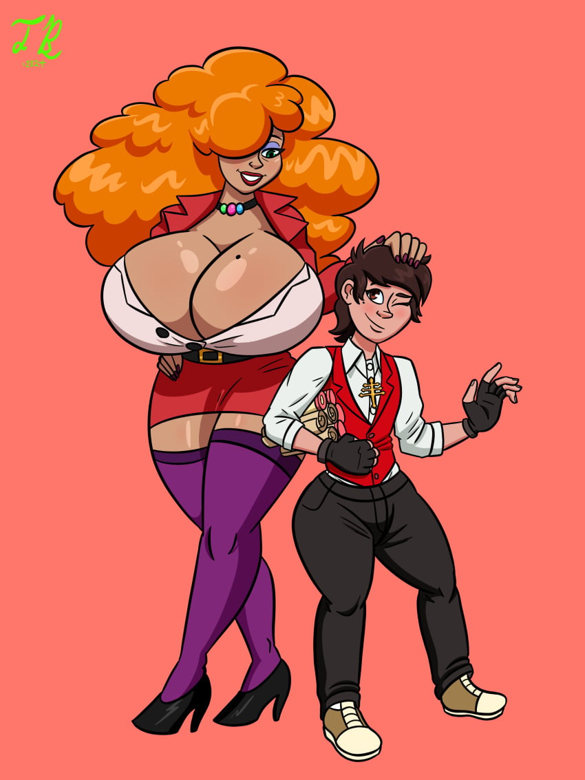 1boy 1girls beauty_mark cleavage cross cross_necklace crossover femboy ginger_hair gloves head_pat height_difference larger_female leggings marco_diaz mole_on_breast mole_under_eye older_female one_eye_closed one_eye_obstructed open_shirt papal_cross powerpuff_girls red_hair rolled_up_sleeves sara_bellum size_difference skirt sleeves_rolled_up star_vs_the_forces_of_evil taller_girl thick_thighs thornbrusha vest younger_male