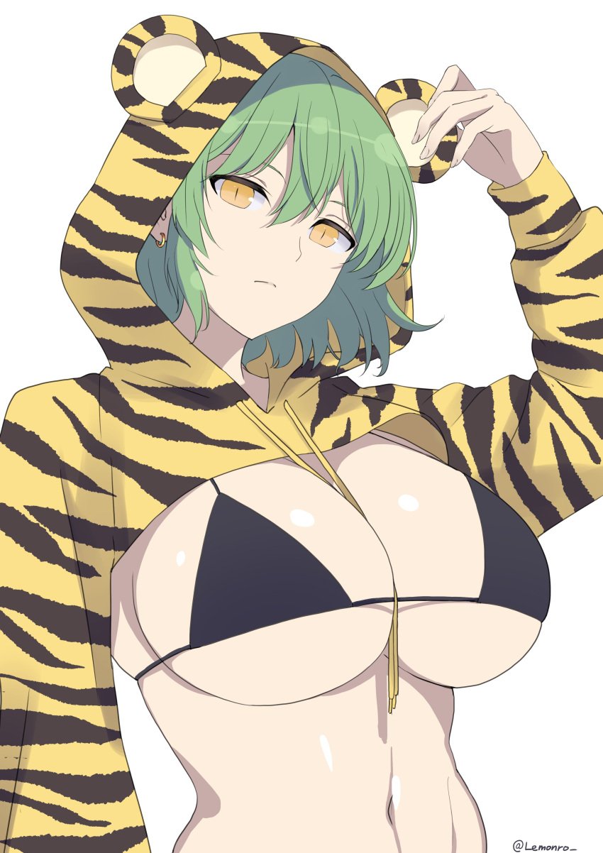 abs artist_signature belly_button big_breasts black_bra blank_stare bra breast_cutout breasts cleavage earring earrings green_hair green_hair_female hand_above_head hikage_(senran_kagura) hoodie large_breasts lemonrou looking_at_viewer midriff senran_kagura senran_kagura_(series) simple_background tiger_print yellow_eyes yellow_eyes_female