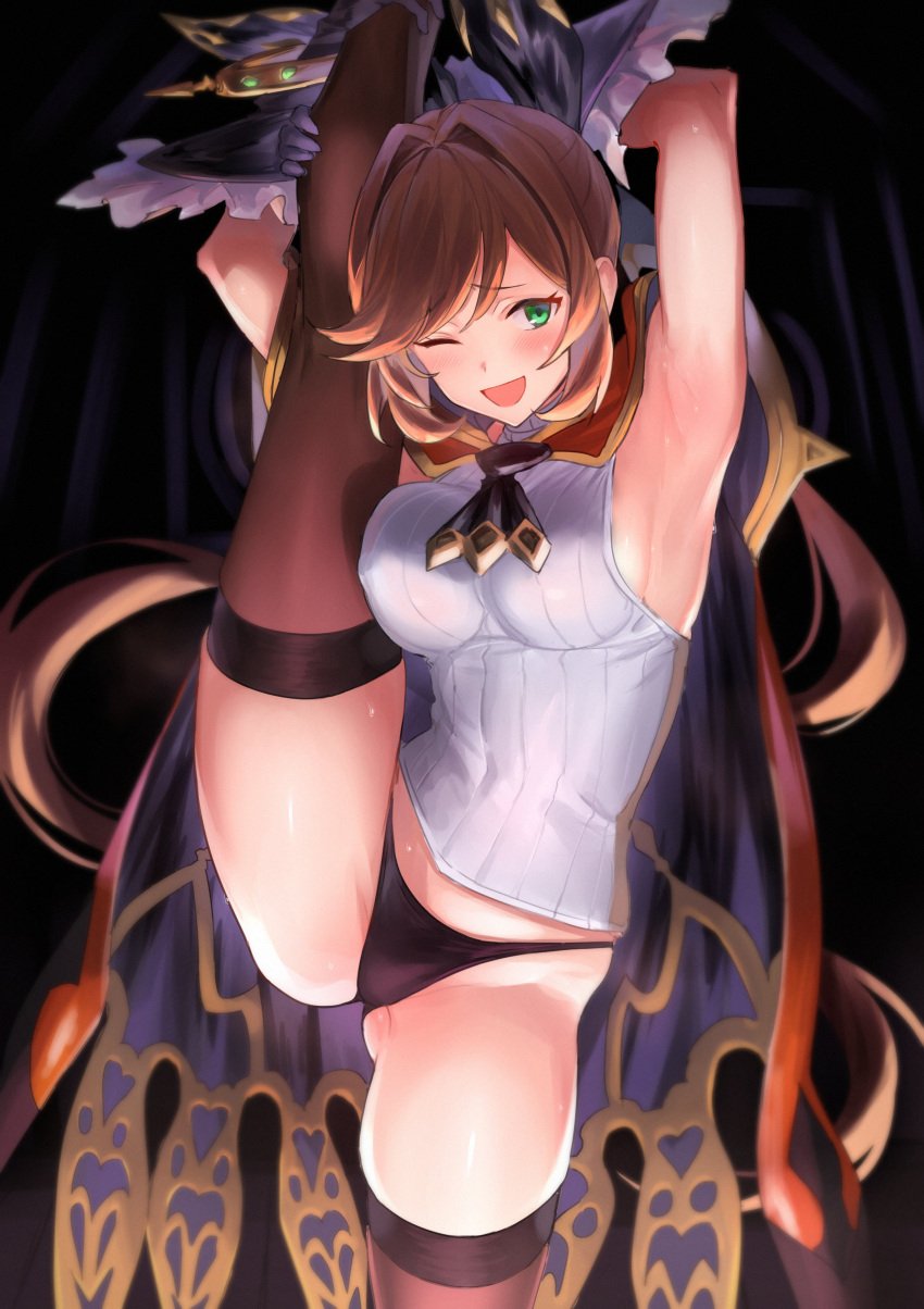 1girls armpits black_legwear black_panties black_thighhighs breasts brown_hair cape clarisse_(granblue_fantasy) female female_only frilled_gloves frills gloves granblue_fantasy green_eyes legs long_hair looking_at_viewer medium_breasts one_eye_closed one_leg_up open-mouth_smile panties ponytail presenting presenting_panties slut smile solo sweat sweatdrop thighhighs thighs ulrich_(tagaragakuin) wink