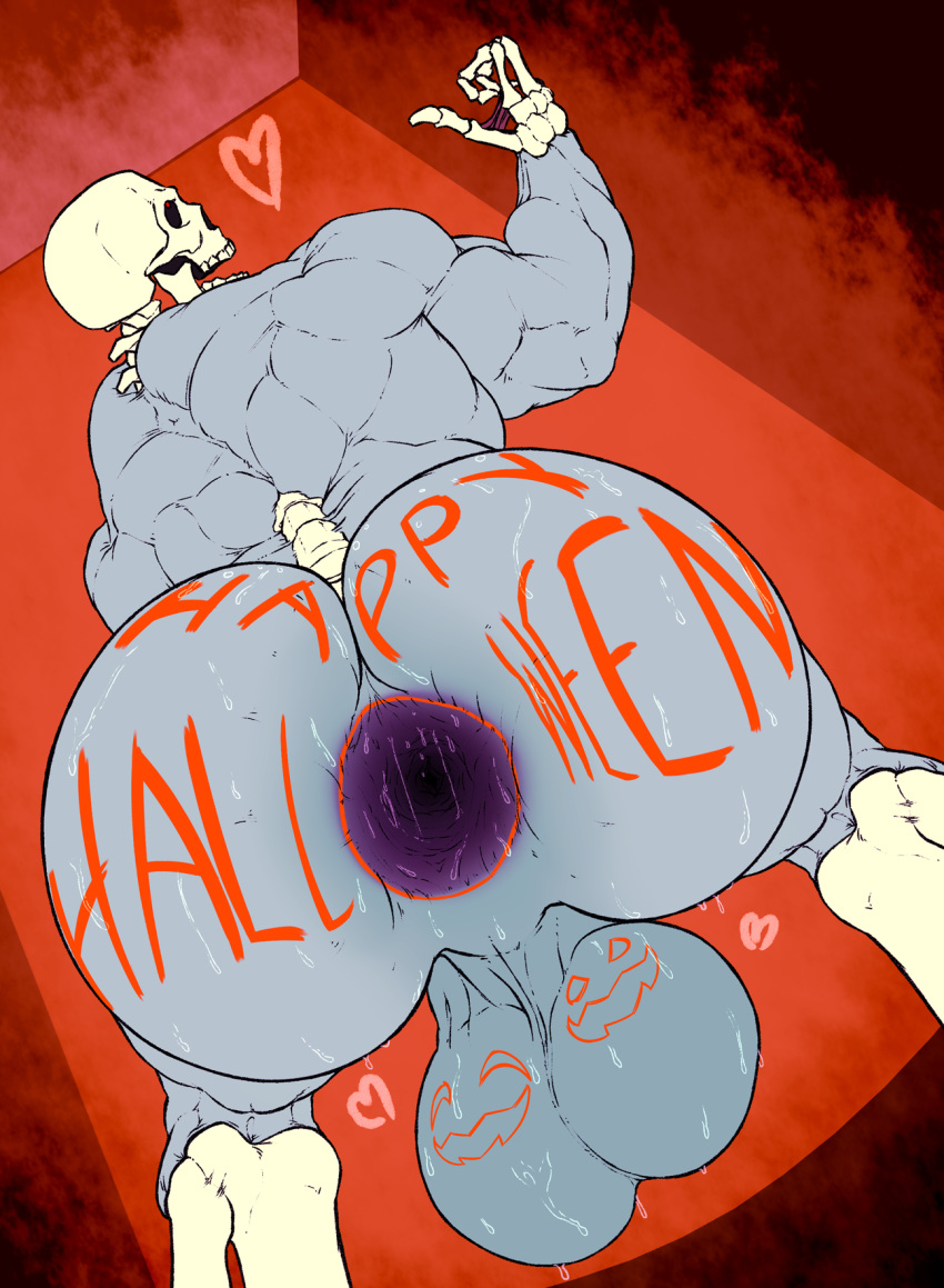 after_anal after_sex anus ass backsack balls bent_over big_balls big_butt body_writing bodypaint bone gaping_anus gay halloween holidays huge_ass huge_balls humanoid looking_back male_only monstrous_humanoid mr_canvas muscular penis rear_view skeleton solo sweat thick_thighs undead