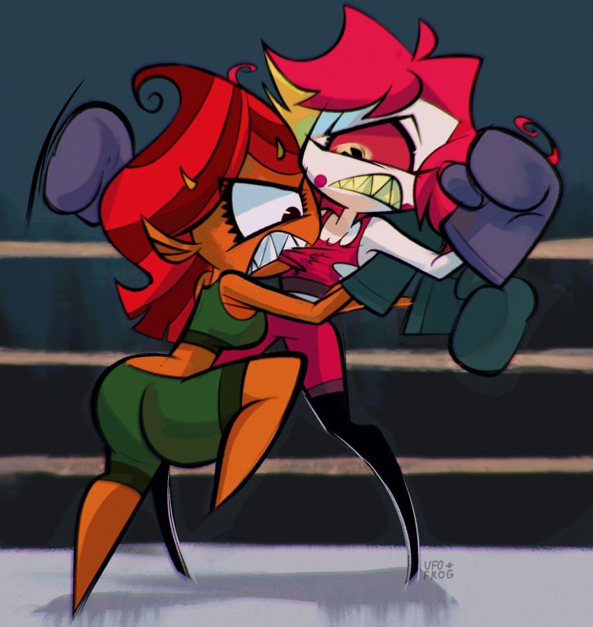 2girls ass big_ass big_butt biting_clothes boxing boxing_gloves boxing_ring catfight crossover demon_girl female_focus female_only fight fighting fighting_ring hazbin_hotel herosmacker jimmy_two-shoes large_ass large_butt long_hair niffty one_eye red_hair saffi sharp_teeth short_hair shortstack sports_bra sports_shorts thick thick_thighs thighs vs