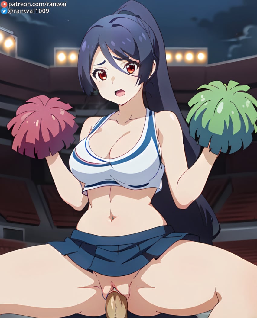 ai_generated anime blue_hair cheerleader cheerleader_outfit cowgirl_position large_breasts ranwai red_eyes sex shinomiya_rin stable_diffusion vaginal_penetration vaginal_sex yumemiru_danshi_wa_genjitsushugisha