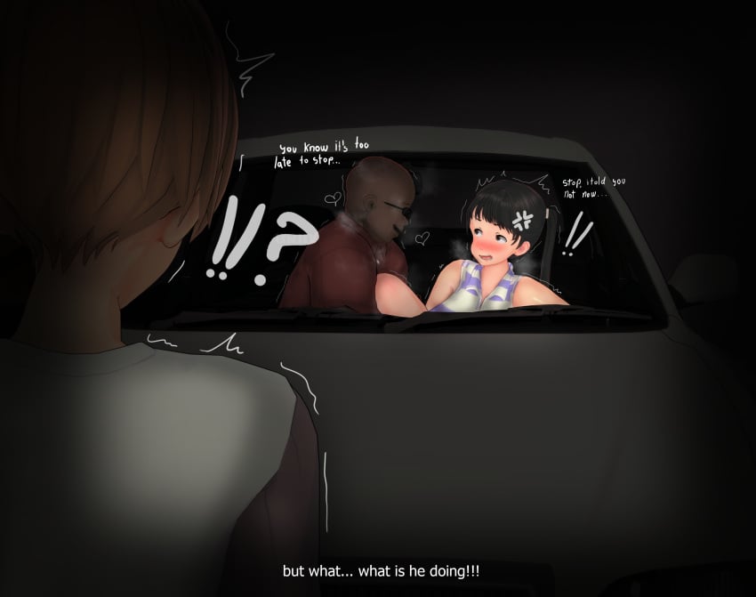 ! !! !? 1girls 2boys 3d :d ? absurd_res absurdres anger_vein angry background_character black_hair blush brown_eyes brown_hair car cheating cheating_girlfriend cuckold dark-skinned_male dark_skin dialogue english_text hi_res high_resolution highres inside_car kana_hayashi_(vyrus_smith) motor_vehicle multiple_boys netorare ntr open_smile original sunglasses text tied_hair twintails vyrus_smith