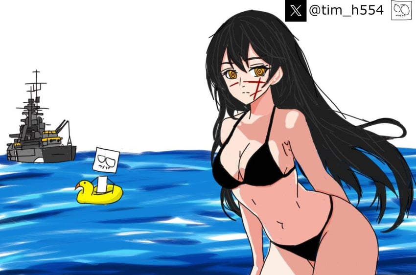 artist_self-insert bad_drawing battleship bikini bismarck black_bikini black_hair chainsaw_man history tim_heyderich water ww2 yoru_(chainsaw_man)