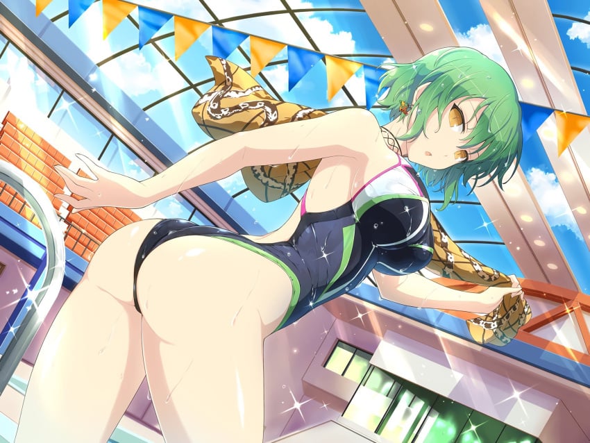 1girls ass big_ass big_breasts breasts butt_focus choker clouds competition_swimsuit detailed_background earring green_hair hikage_(senran_kagura) large_breasts looking_at_viewer looking_back official_art pool senran_kagura senran_kagura_(series) sideboob solo sunny swimming_pool swimsuit wet yaegashi_nan yellow_eyes