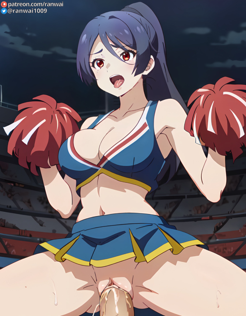 ai_generated anime blue_hair cheerleader cheerleader_outfit cowgirl_position large_breasts ranwai red_eyes sex shinomiya_rin stable_diffusion vaginal_penetration vaginal_sex yumemiru_danshi_wa_genjitsushugisha