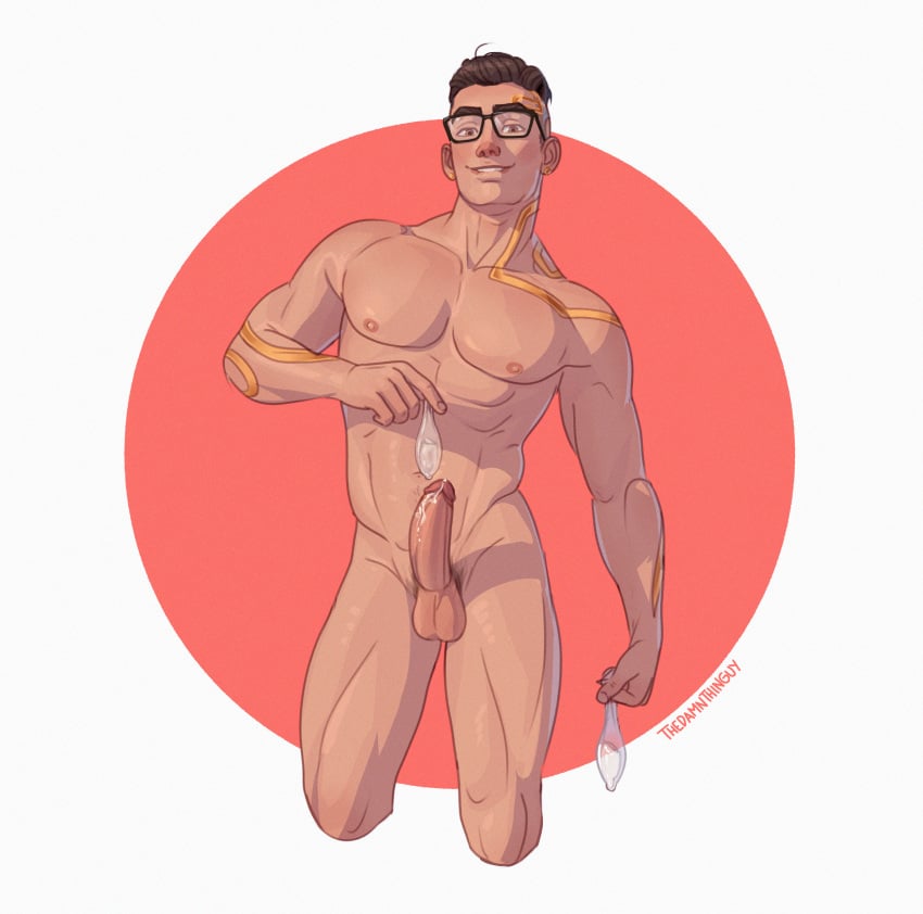 balls bara big_balls big_penis blush chamber_(valorant) condom cum erection glasses looking_at_viewer male male_nipples male_only male_pubic_hair muscular_male nipples nude penis riot_games thedamnthinguy valorant