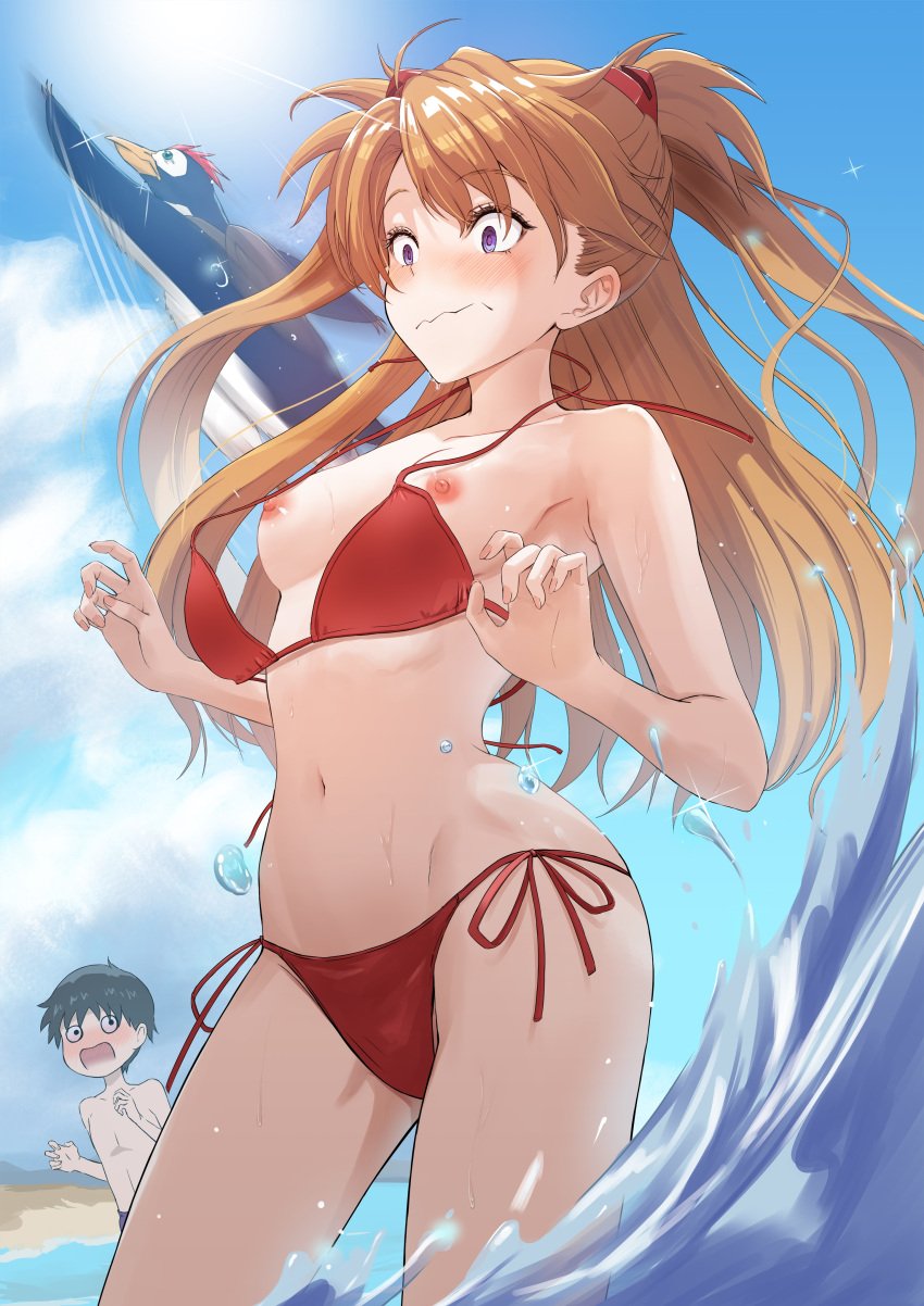 1boy 1girls animal asuka_langley_sohryu bikini_malfunction breasts_out cloud embarrassed hair_ornament highres long_hair midriff nipples ocean orange_hair pen_pen penguin purple_eyes shinji_ikari side_tie_bikini sky small_breasts standing string_bikini surprised swimsuit teen teenage_girl teenager topless wardrobe_malfunction water wave white_body white_skin young younger_female