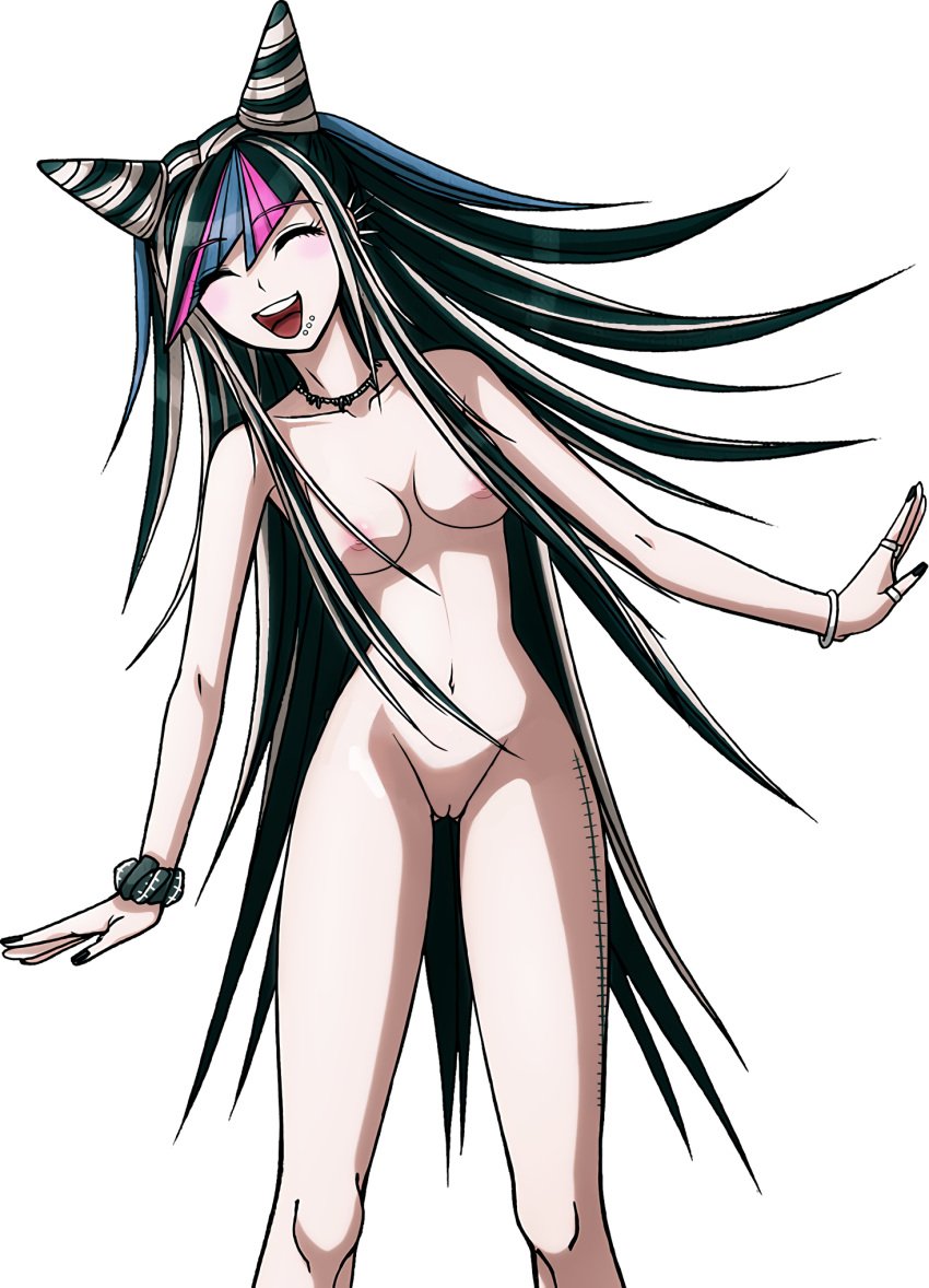 ass_visible_through_thighs bangs black_nails blush breasts completely_nude completely_nude_female danganronpa danganronpa_2:_goodbye_despair danganronpa_s:_ultimate_summer_camp ear_piercing edit female hair_horns human kosine1777 medium_breasts mioda_ibuki multicolored_hair necklace nude_filter oni_horns piercing piercings punk punk_girl pussy scrunchie sprite sprite_edit tagme tattoo transparent_background