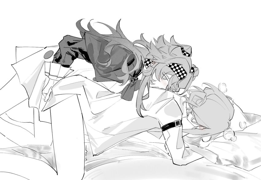 2girls all_fours arm_strap blush bottomless breath checkered_hairband chinese_commentary collarbone collared_shirt commentary_request dress ear_blush fingering fingering_from_behind gloves greyscale hair_bun highres long_hair looking_at_another monochrome multiple_girls pillow reverse:1999 shirt single_side_bun sonetto_(reverse:1999) spot_color super_zenggg trembling two_side_up vertin_(reverse:1999) yuri