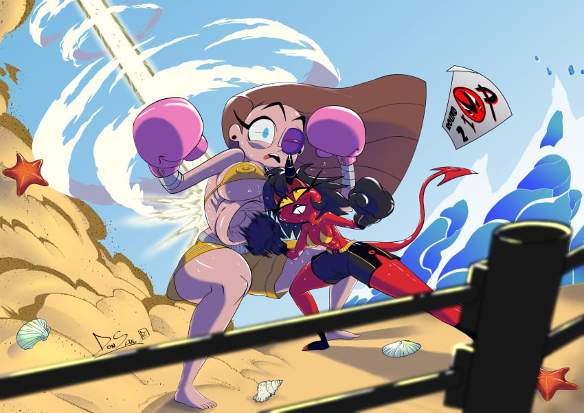 2girls abs background_character beach beach_boxing big_breasts bikini bikini_top biting_lip black_boxing_gloves black_eye black_gloves black_hair boxing boxing_gloves boxing_ring breasts brown_hair catfight demon demon_girl demon_horns demon_tail devastating_blow duo female female_only fight fighting fighting_ring gloves gut_punch helluva_boss herosmacker horns human imp large_breasts lip_bite millie_(helluva_boss) nipples_visible_through_bikini outdoors pink_boxing_gloves pink_gloves punch punching red_skin ryona sports_shorts stomach_punch tail thick thick_hips thick_thighs thighs tooth_gap wide_hips