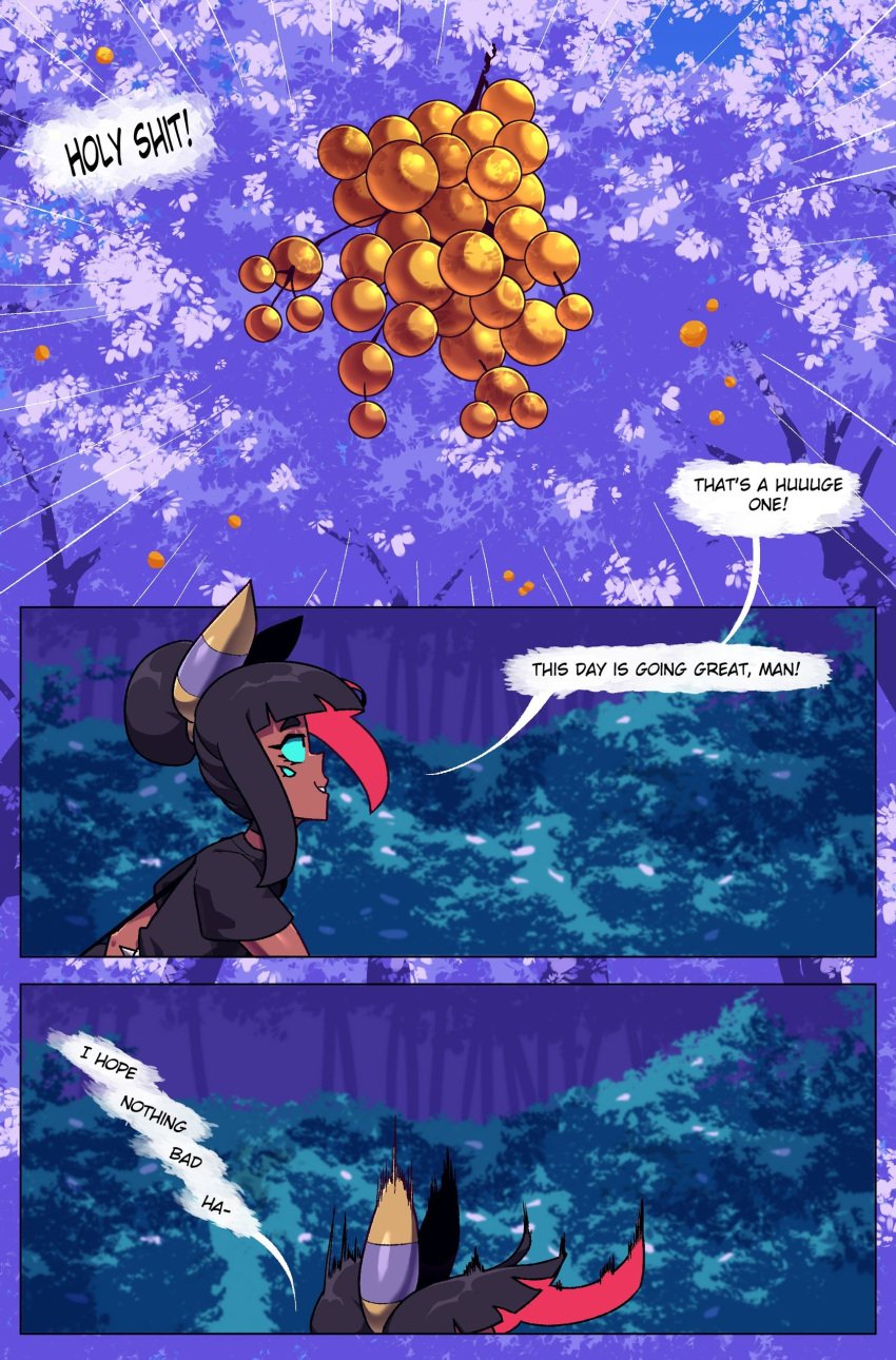 andre_(cuchuflin) berry black_hair comic comic_page cuchuflin dark-skinned_male dark_skin falling fruit kankaku_shadan pokemon tagme