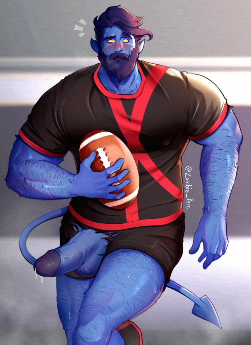 balls bara beard big_balls big_penis blue_body blue_skin blush clothing daddy erection kurt_wagner male male_only manly marvel marvel_comics mature_male muscular_male nightcrawler penis precum precum_drip x-men zombie_perc