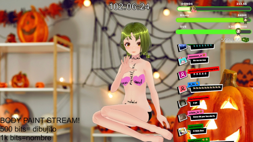 3d 3d_model black_panties body_writing brown_eyes colombian covered_nipples female female_focus flat_chest freckles green_hair green_nails hispanic hispanic_virtual_youtuber indie_virtual_youtuber latam_virtual_youtuber light-skinned_female light_skin livestream nipple_shield panties panties_only partially_clothed ryumi ryumivt short_hair small_breasts text_box topless twitch twitch.tv virtual_youtuber vtuber yellow_eyes youtube youtube_hispanic