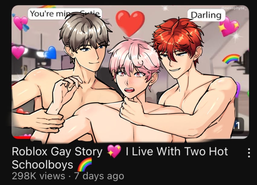 3boys blue_eyes blush brown_hair chin_grab gay holding_face holding_wrists male male/male/male male_only nexophyte pink_eyes pink_hair red_hair roblox shirtless wrist_grab yaoi youtube_thumbnail