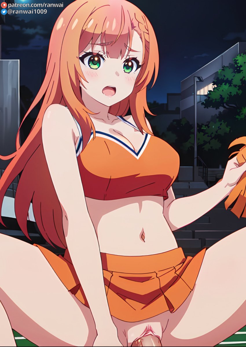 ai_generated anime cowgirl_position green_eyes natsukawa_aika orange_hair ranwai sex stable_diffusion vaginal_penetration vaginal_sex yumemiru_danshi_wa_genjitsushugisha