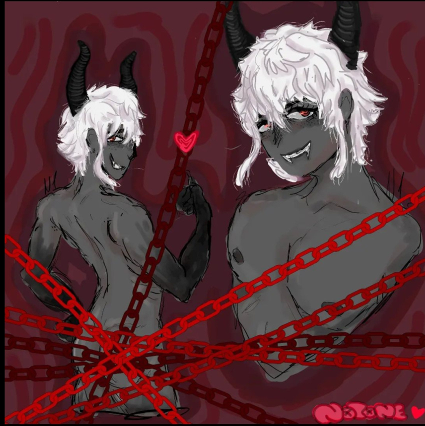 ass chains demon fangs horns james_vela nipples red_eyes white_hair