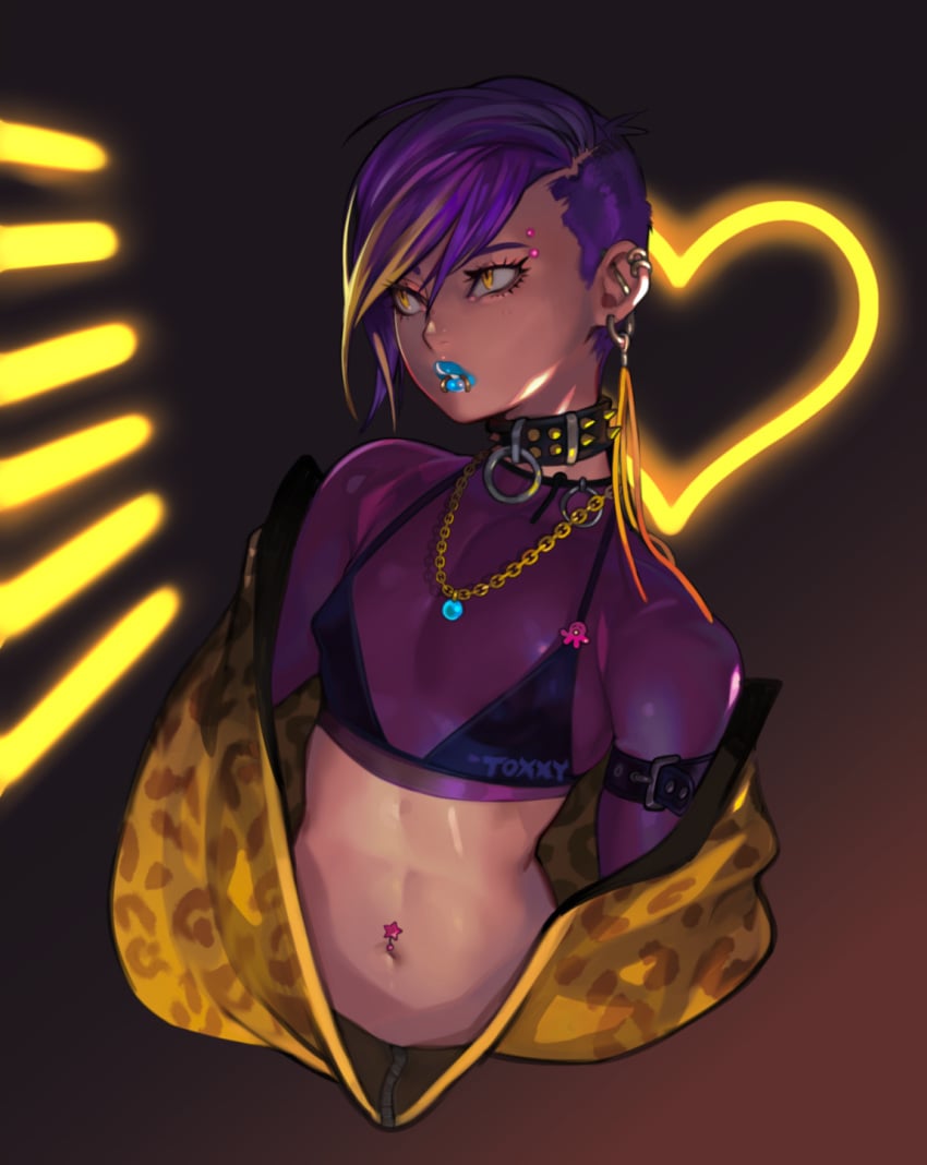 1boy androgynous choker femboy girly lipstick male male_only navel piercing purple_hair solo toxxy trap yellow_eyes