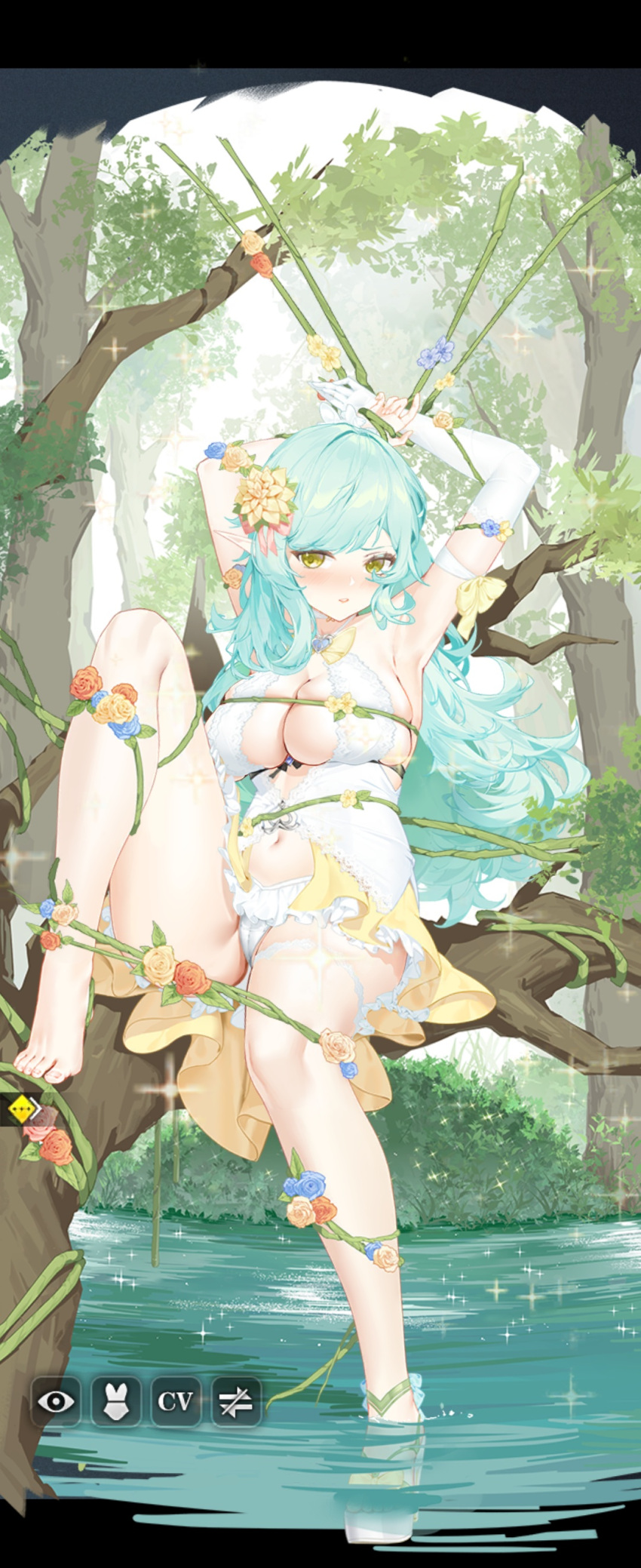 1female 1girls armpits arms_behind_back arms_behind_head arms_up armwear barefoot belly_button big_breasts blue_hair blush bondage breast_squeeze breast_squish breasts cameltoe cleavage dress elf elf_ears feet female_only flower game_cg gloves green_eyes hair_ornament hi_res highres how_to_raise_a_harem huge_breasts lace_trim large_breasts leg_lift legs legs_apart light-skinned_female light_skin long_hair looking_at_viewer nature official_art outdoors outside painted_toenails panties pointy_ears pond salmanda_(how_to_raise_a_harem) screenshot single_shoe sitting skirt solo solo_female sparkles swept_bangs teal_hair thick_thighs thighs toes tree tree_branch vine_bondage vines water white_dress white_panties yellow_skirt