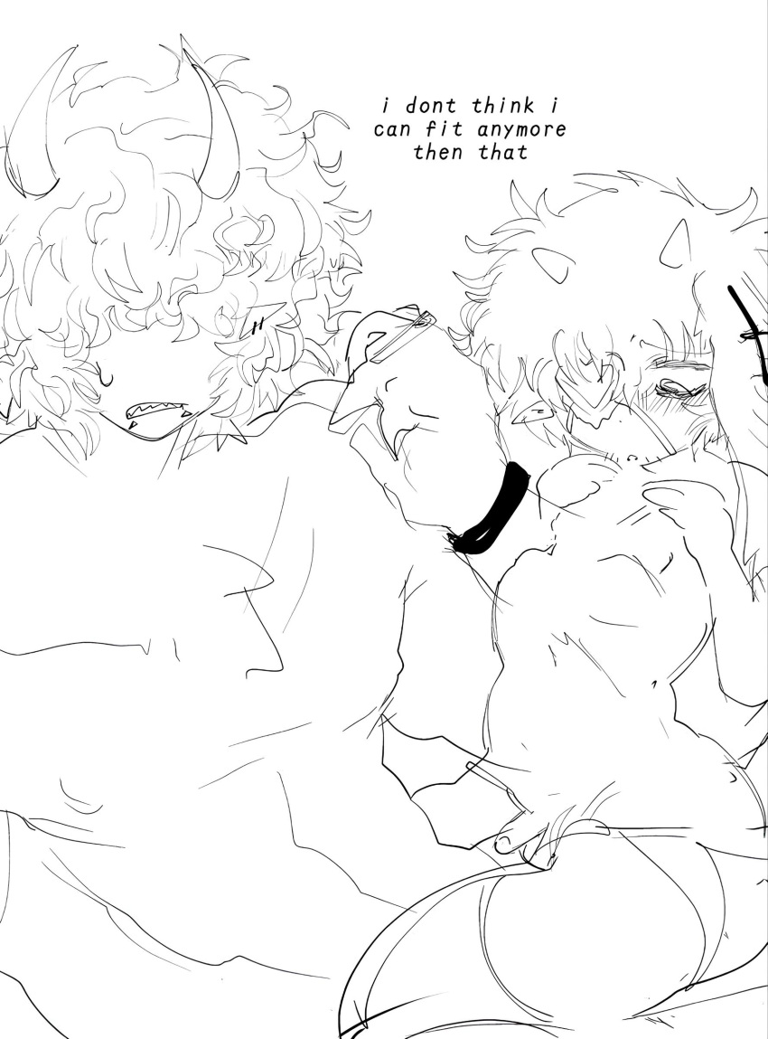 2boys anthony_(knwives) blush cigarette eyepatch gay gay_sex hair_covering_eyes height_difference horns knwives male marshal_(knwives) penetration penis penis_bulge sharp_teeth shirtless sketch small_penis stomach_bulge straddling text