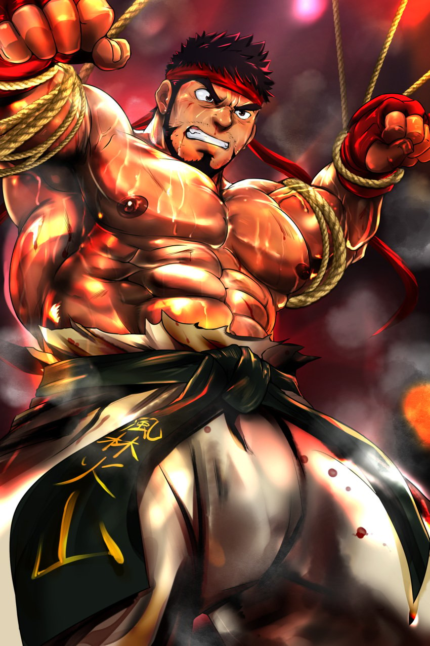 1boy abs angry angry_face armpits arms_up bara beard beefy belt biceps big_areola big_breasts big_nipples black_belt black_hair blood blood_from_mouth blood_from_nose blood_from_wound blood_on_body blood_on_breasts blood_on_clothing blood_on_face blood_stain bondage bound_arms bound_wrists brown_eyes capcom captured clenched_hand clenched_teeth daddy dilf doro_rich erect_nipples fingerless_gloves frown gay gloves hachimaki headband hi_res hunk kanji male male_breasts male_only manly mature_male muscles muscular muscular_arms muscular_male mustache_stubble nosebleed open_legs oppai pecs restrained restrained_arms rope rope_bondage ryu_(street_fighter) short_hair sideburns six_pack stare steam steaming_body street_fighter sweat sweatdrop sweating sweaty thick thick_arms thick_eyebrows topless tough_guy v-shaped_eyebrows yaoi