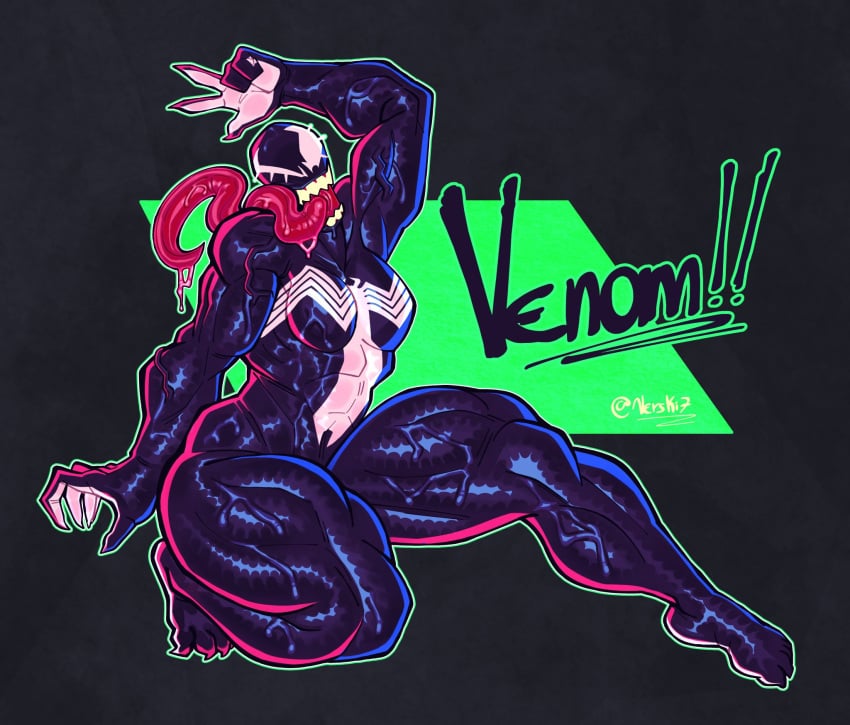 alien alien_girl alien_humanoid barefoot big_tongue black_skin claws eyelashes long_tongue marvel monster_girl muscle_girl muscular muscular_female open_mouth pinup rule_63 saliva saliva_trail sharp_teeth she-venom spider-man:_the_animated_series spider-man_(series) symbiote thick_thighs tongue tongue_out v_sign veiny_muscles verski7 watermark wide_hips wink winking_at_viewer