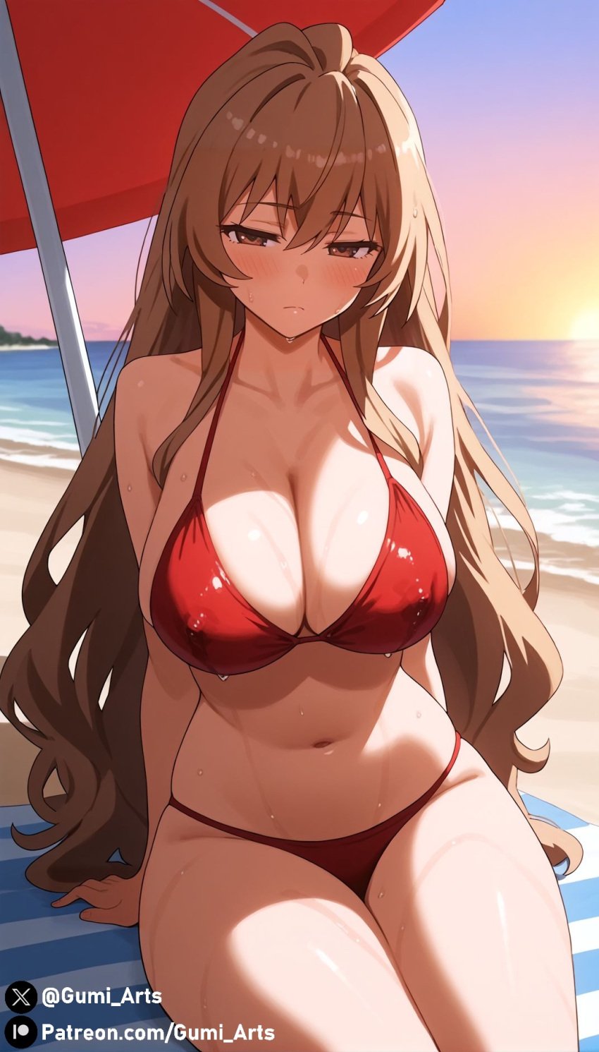 ai_generated aisaka_taiga alternate_body_type beach bikini blush brown_eyes brown_hair covered_nipples gumi_arts half-closed_eyes large_breasts navel outdoors sitting stable_diffusion sunset thick_thighs toradora! wet