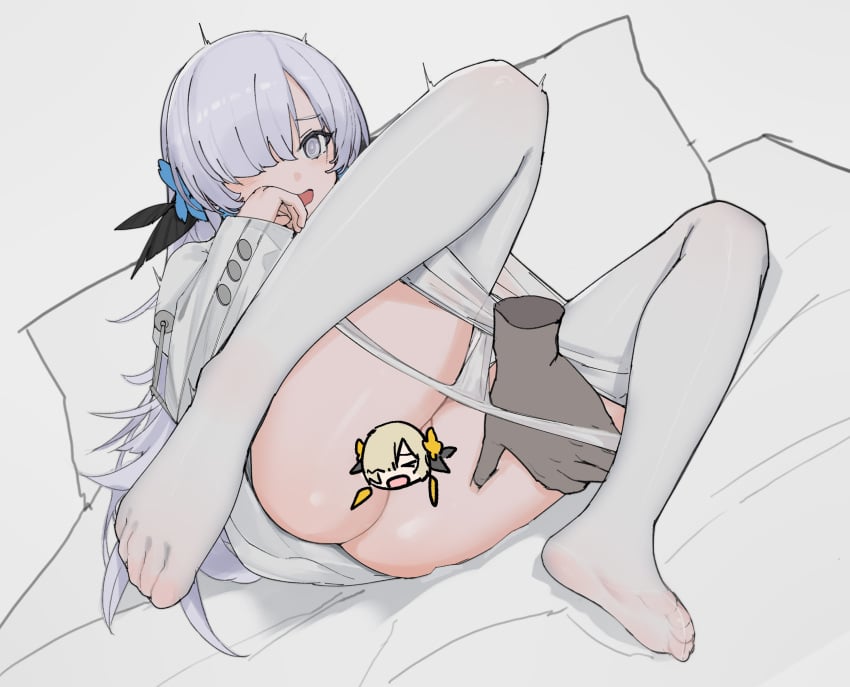 absurdres aizz ass blue_flower censored clothes_pull disembodied_hand dress feet female flower full_body grey_eyes grey_hair hair_flower hair_ornament hair_over_one_eye highres isekai_joucho kamitsubaki_studio long_hair novelty_censor open_mouth panties panty_pull pantyhose pantyhose_pull pillow toes underwear virtual_youtuber white_dress white_panties white_pantyhose