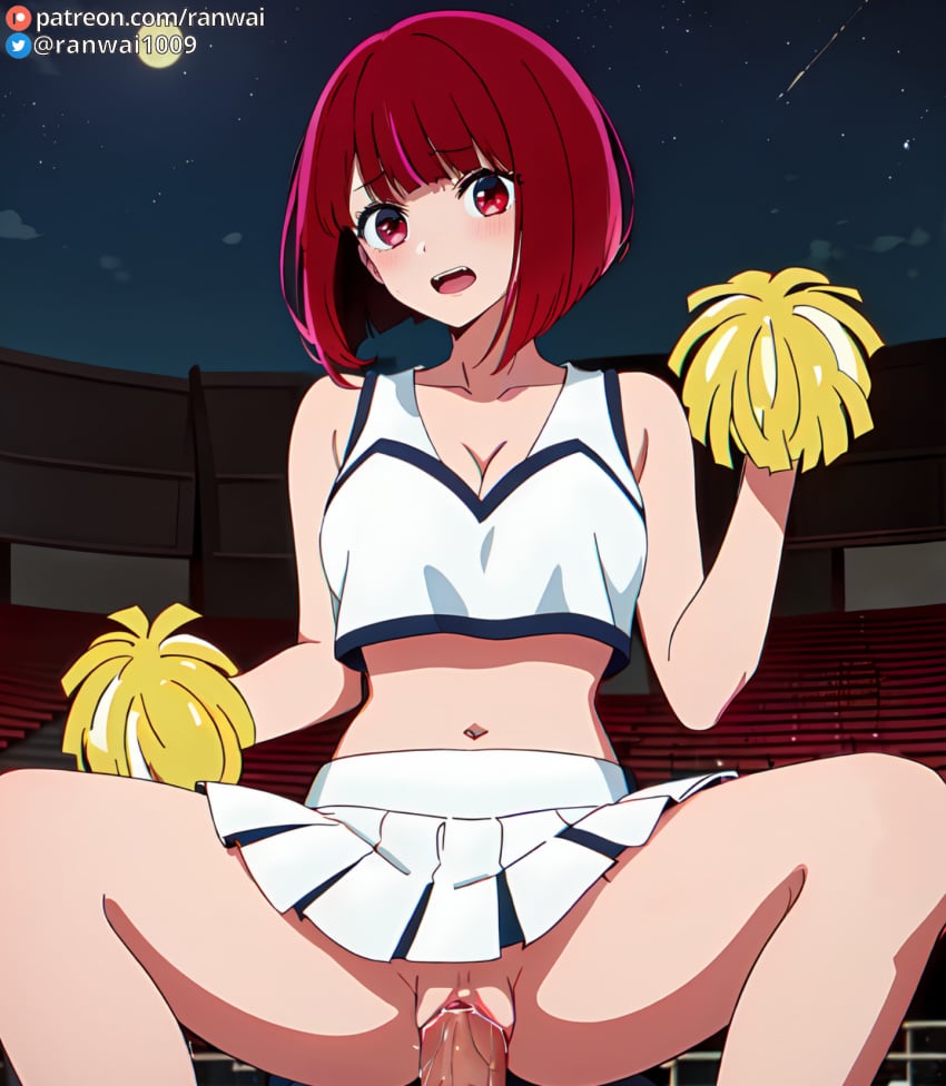 ai_generated anime arima_kana cheerleader cheerleader_outfit cowgirl_position large_breasts oshi_no_ko ranwai red_eyes red_hair sex stable_diffusion upskirt upskirt_sex vaginal_penetration vaginal_sex