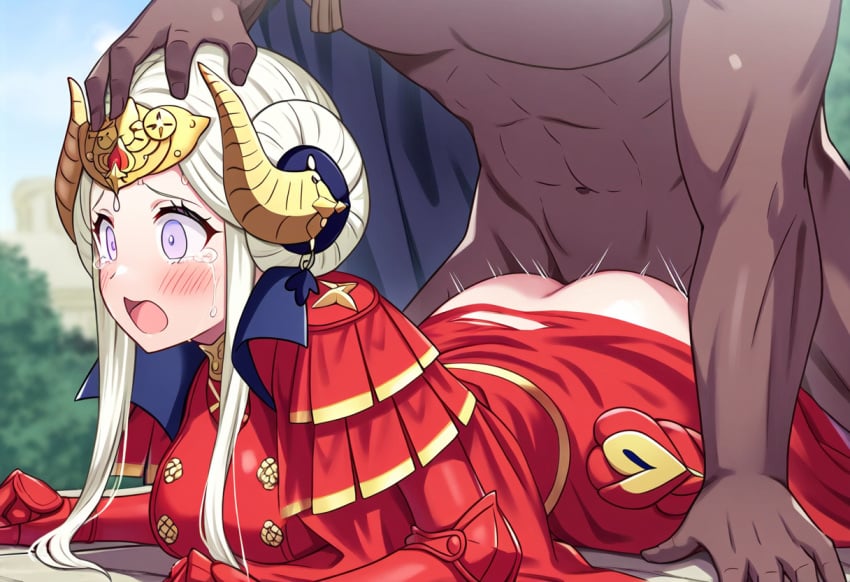 1boy 1girls ai_generated armor armored_dress ass blush bottomless cape clothed_female_nude_male clothed_sex clothes_lift crown crying crying_with_eyes_open dark-skinned_male day defeated defeated_heroine doggy_style double_bun dress dress_lift edelgard_von_hresvelg fake_horns fire_emblem fire_emblem:_three_houses gauntlets gloves hair_bun hair_ornament hand_on_another's_head headpiece horn_ornament horns interracial long_sleeves lying maledom novelai nude on_stomach open_mouth outdoors prone_bone purple_eyes rape red_cape red_dress red_gloves self_upload sex sex_from_behind short_hair sidelocks sky solo_focus straight tearing_up tears vaginal_penetration white_hair wide-eyed