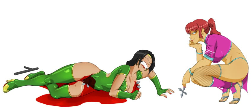 2girls abuse amused asian_female black_hair black_orchid bleeding blood boots breasts clenched_teeth closed_eyes defeated_heroine fatality gloves gore green_boots guro heroine high_heel_boots high_heels impending_death killer_instinct kim_wu_(killer_instinct) leotard looking_down multiple_girls nipples no_mercy orchid orchid_(killer_instinct) pain peeing ryona screaming screaming_in_agony shuriken smiling squatting stab struggling thigh_boots thigh_highs thighhighs victini weapon