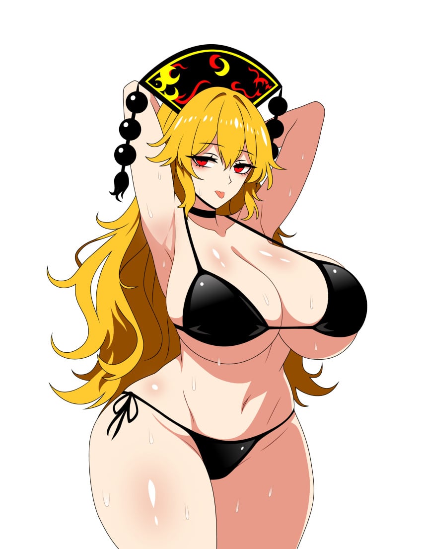 1girls big_breasts bikini blonde_hair breasts duplicate female_only hat headwear higher_resolution_duplicate junko_(touhou) light-skinned_female light_skin mature_female milf ring simple_background solid_color_background ssaf ssaf52913778 ssaf_seibeupail sweat sweaty tongue tongue_out touhou white_background