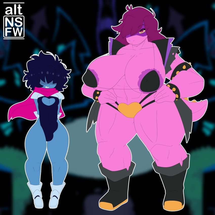 altnsfw anthro anthro_only areola_slip big_breasts blue_hair blue_skin breasts breasts_bigger_than_head bulge clothed deltarune femboy height_difference huge_breasts kris_(deltarune) monster_girl muscular muscular_female pink_hair pink_skin shortstack shortstack_femboy size_difference skin_tight susie_(deltarune) thighs