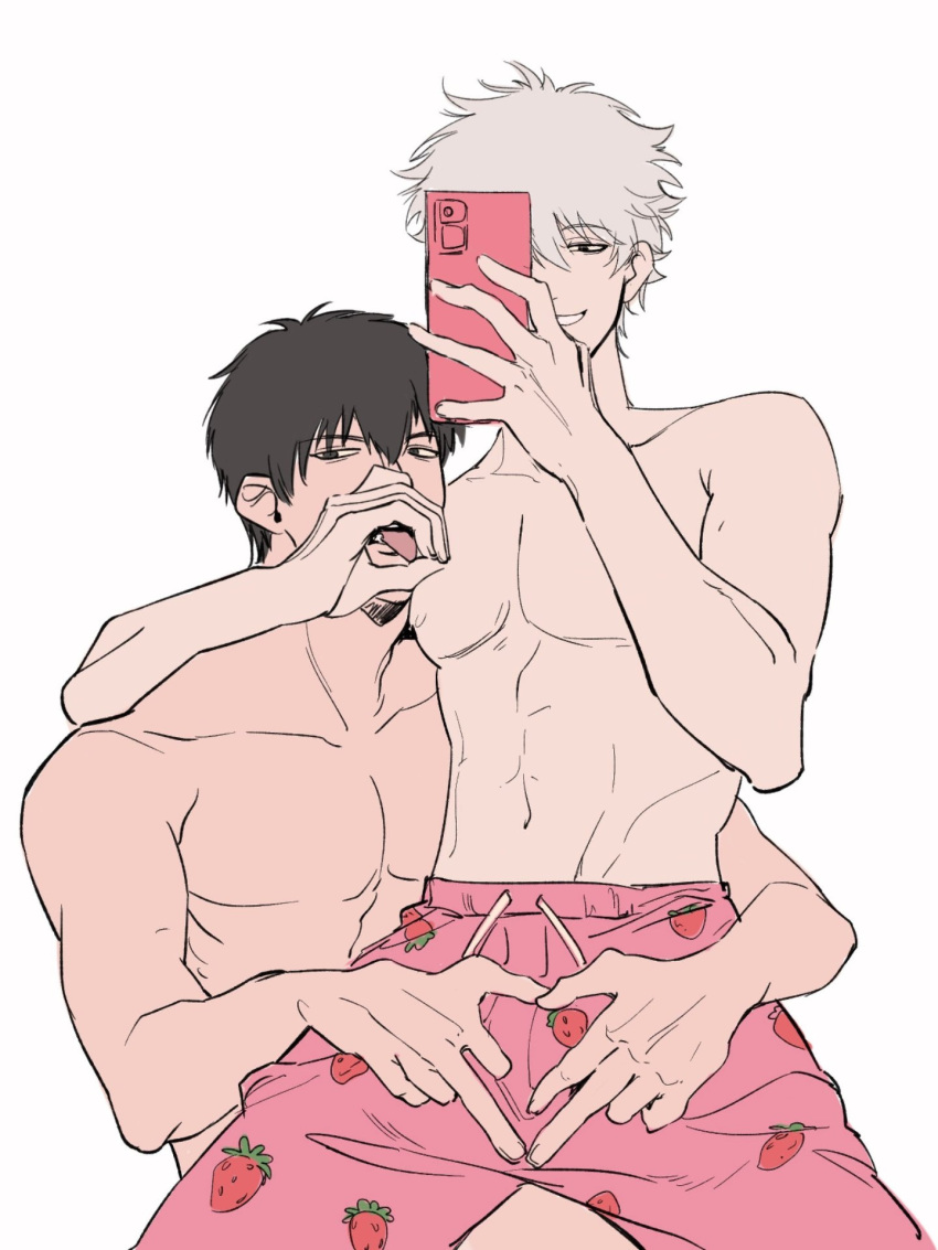 2boys black_hair cellphone fellatio_gesture gay gintama gintoki_sakata hi_res highres hijikata_toshiro male male_only meme_pose open_mouth phone selfie smile strawberry_print suggestive_gesture swimming_trunks swimsuit toned toned_male tongue_out topless topless_male white_hair yaoi youlixitang