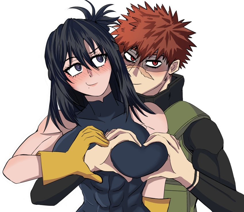 bangs big_breasts black_hair blue_eyes blush breast_grab breast_squeeze color groping groping_from_behind happy_female heart_hands heart_shaped_hand_base_challenge hero_costume hero_outfit_(mha) kudou_(my_hero_academia) male/female meme meme_reference my_hero_academia nana_shimura no_sex red_eyes red_hair shaded_face straight straight tall_female upper_body