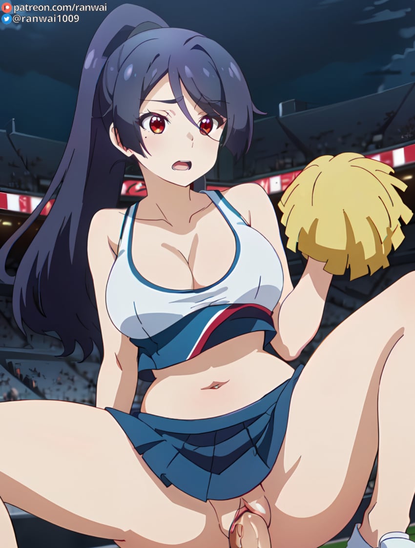 ai_generated anime blue_hair cheerleader cheerleader_outfit cowgirl_position large_breasts ranwai red_eyes sex shinomiya_rin stable_diffusion vaginal_penetration vaginal_sex yumemiru_danshi_wa_genjitsushugisha