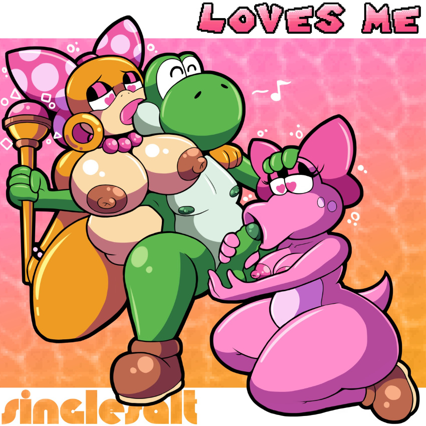 1boy 2girls accessory anthro balls big_breasts bimbo birdetta birdo bow_ribbon breasts fellatio female genitals green_yoshi group group_sex hair_accessory hair_ribbon hairbow hand_on_head handjob heart_eyes heart_symbol hi_res huge_breasts hypnosis kneeling koopa koopaling male male/female mario_(series) mind_control nintendo nude oral penile penis ribbons scalie sex singlesalt threesome trio wendy_o._koopa yoshi